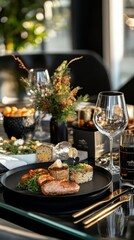 Naklejka premium Gourmet Dinner Plate: A delectable gourmet meal, artfully arranged on a sleek black plate, features roasted duck breast, creamy potato gratin, and vibrant vegetables.