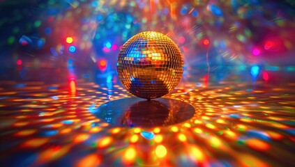A colorful disco ball reflecting vibrant lights in a dance floor setting, capturing the essence of nightlife and celebration. The concept is party and entertainment
