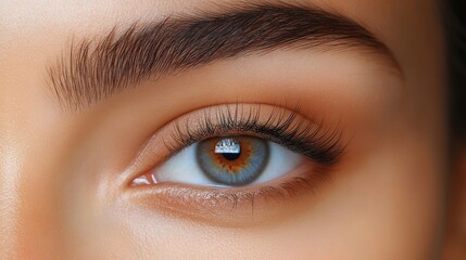 Obraz premium Close-up view of a woman's eye showcasing stunning blue and brown tones with long eyelashes in natural lighting