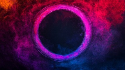 A vibrant, abstract cosmic circle with a gradient of pink and blue hues against a dark background, evoking a sense of depth and mystery.