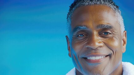 A smiling senior African American man stands by the swimming pool, towel draped around his neck. He appears joyful after completing a sports training session, embodying a healthy lifestyle