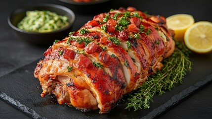 A beautifully roasted meat dish garnished with herbs and served with sides.