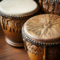Beautiful handcrafted wooden drums with intricate carvings displayed on a wooden surface