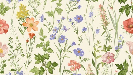 Dainty Abstract flower Bright and cute colors pattern, simple, neutral flowers on white background Seamless pattern of elegant, dainty, neutral watercolor floral for fabric, home decor, and wrapping