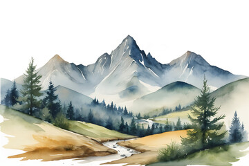 Fototapeta premium Watercolor mountains and forest landscape illustration