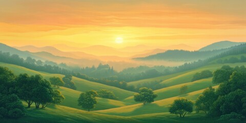 Dawn serenity over rolling hills and misty horizon
