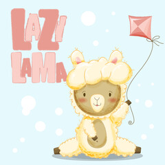 Fototapeta premium cute watercolor llama with a kite with lazy lama lettering