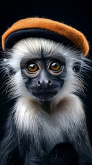 Obraz premium Portrait of a cute monkey wearing a beret against a black background