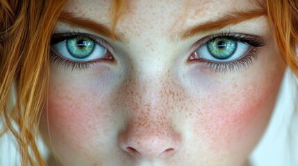 Fototapeta premium A captivating portrait features a young figure with bright green eyes and vivid red curls