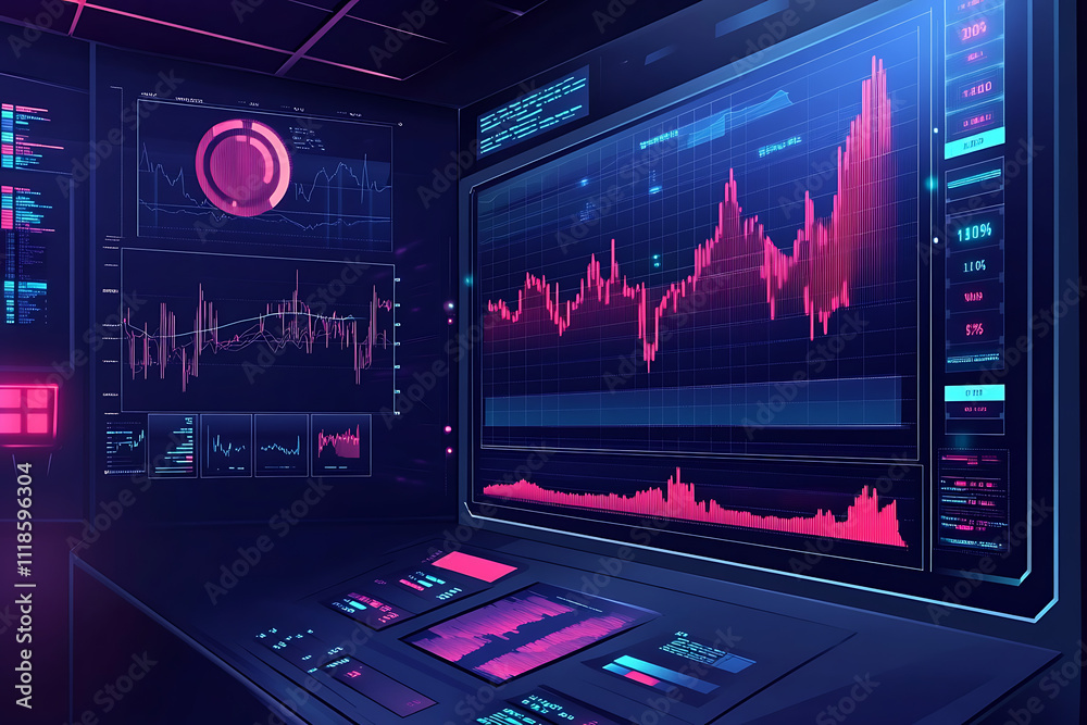 Poster a digital interface displaying financial data and analytics with graphs and charts.