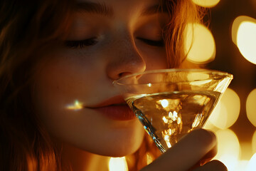 A young woman enjoys a refreshing drink, surrounded by warm lights, radiating a peaceful vibe