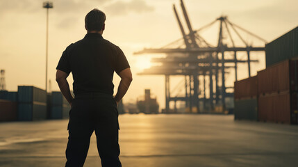 Security guard overseeing shipping containers and cranes at a busy international port at a colorful sunset