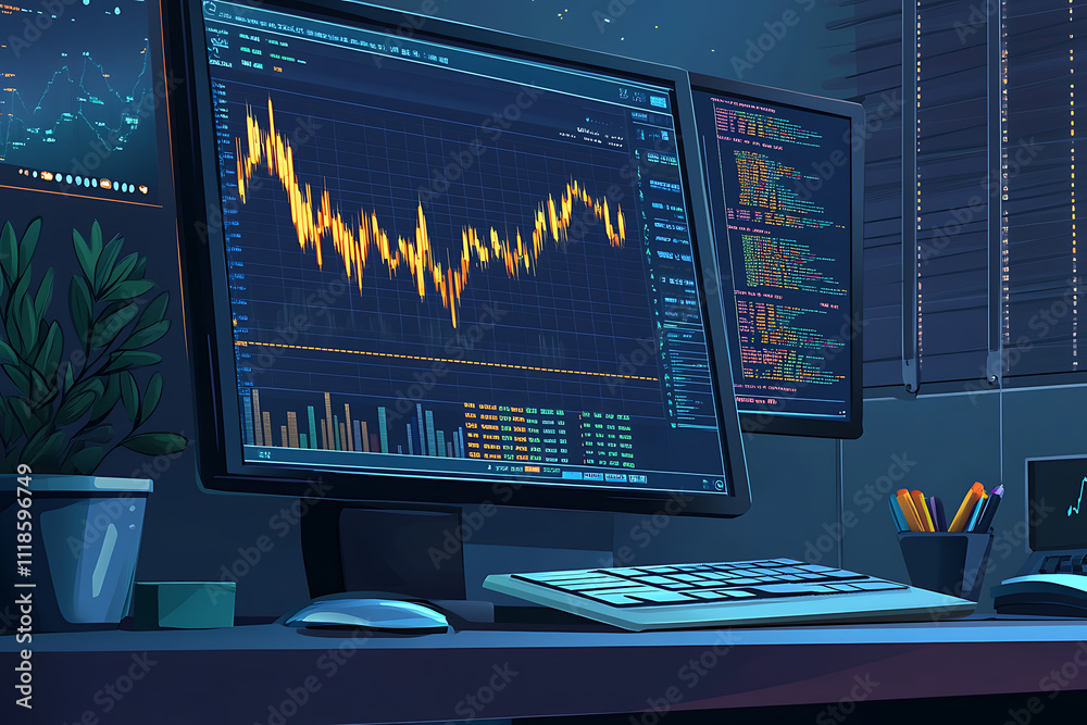 Poster a digital workspace featuring stock market charts and coding on multiple monitors.
