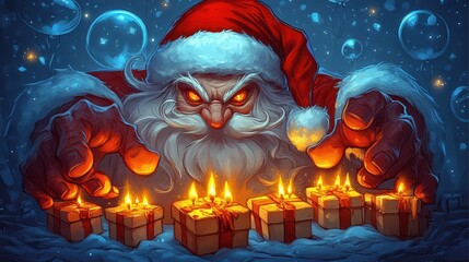 Angry Santa Claus with glowing hands, hovering over presents.