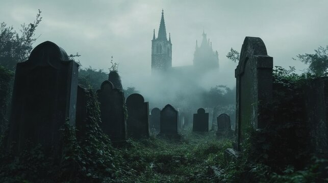 Eerie misty graveyard with gothic church towers