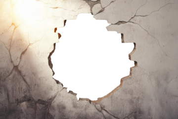A prominent hole in a cracked wall reveals darkness, contrasting with the textured surface and warm light, suggesting mystery or destruction.