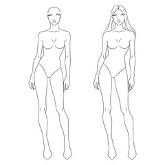 Eight-head fashion figure template. The female fashion croquis. Vector line illustration of a young woman wearing lingerie, isolated on a white background.