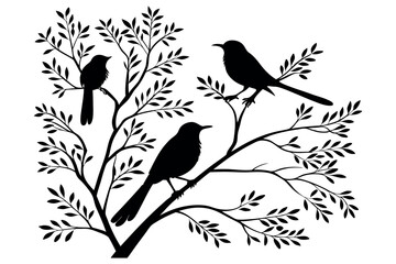 silhouette of three birds perched on a tree branch with leaves