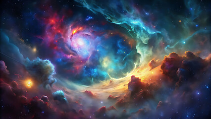Fototapeta premium Expansive Space Scene with Vibrant Nebulous Clouds A Captivating Blend of Colors Illuminating the Immense Scale of Outer Space