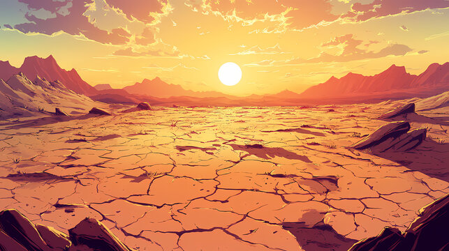 Vast arid desert landscape with a cracked parched earth surface extending to the distant horizon where faint mirages appear due to the intense scorching heat. Mirage. Illustration