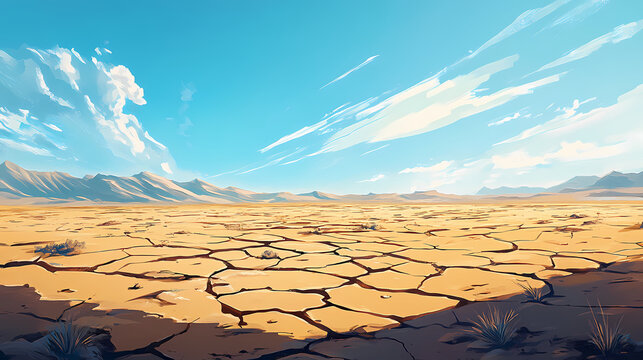 Vast arid desert landscape with a cracked parched earth surface extending to the distant horizon where faint mirages appear due to the intense scorching heat. Mirage. Illustration
