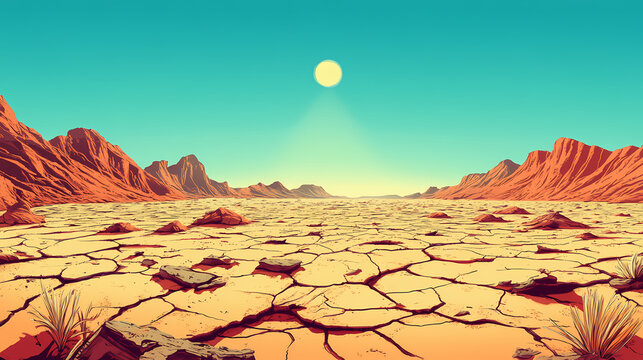 Vast arid desert landscape with a cracked parched earth surface extending to the distant horizon where faint mirages appear due to the intense scorching heat. Mirage. Illustration