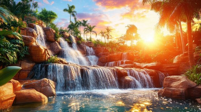 Tropical waterfall cascading over rocks at sunset in a lush garden.