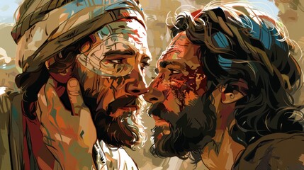 Artistic vector of Jesus healing a blind man by applying mud to his eyes