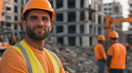 Fototapeta premium Happy construction worker wearing safety vest and hard hat, confidently standing at a demolition site with coworkers and heavy machinery in the background