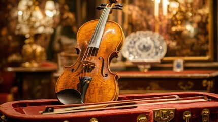 Antique violin resting on a velvet-lined case in a luxurious room.