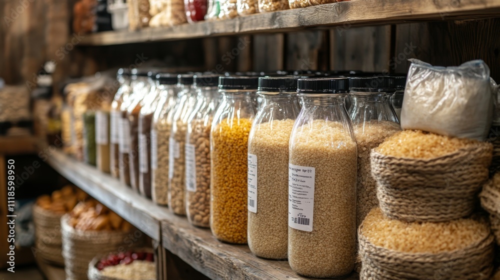 Poster a collection of jars filled with different grains and spices is neatly arranged on wooden shelves in