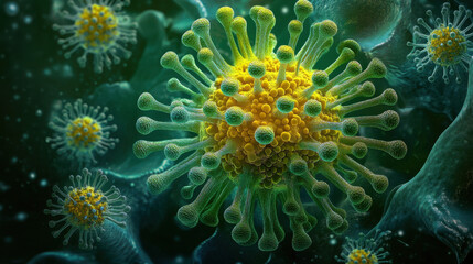 Obraz premium 3D rendering of a coronavirus surrounded by bacteria