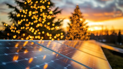 Festive solar panels with christmas tree background