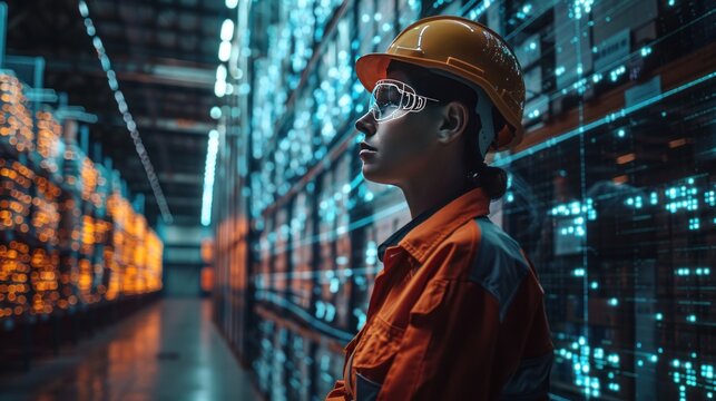A warehouse worker in an industrial warehouse with digital overlays of global logistics. The environment is illuminated with bright industrial lighting, showing organization and efficiency.