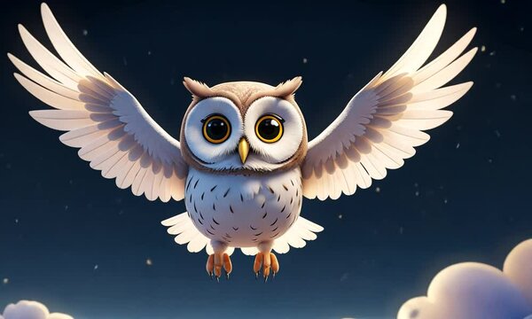 A cartoon owl is flying in the sky with stars in the background