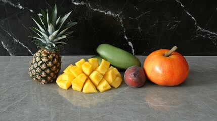 Assorted fresh tropical fruits on a countertop.