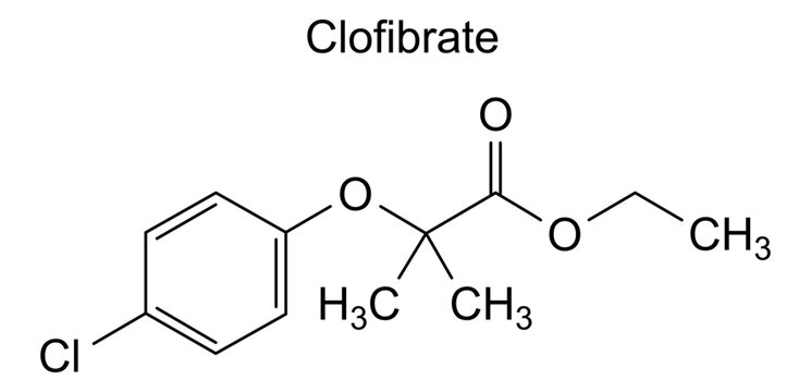 Chemical structure of clofibrate, drug substance