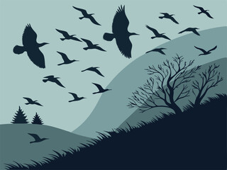 silhouette of birds flying over hills in a serene landscape