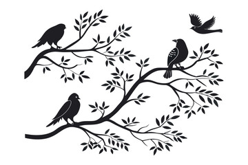 black and white illustration of birds on a leafy tree. eps 10