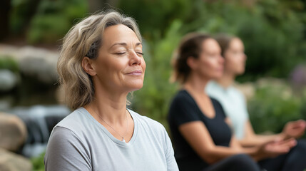 Obraz premium Women enjoying a relaxing meditation session in a tranquil garden, finding peace and mindfulness amidst nature's serenity