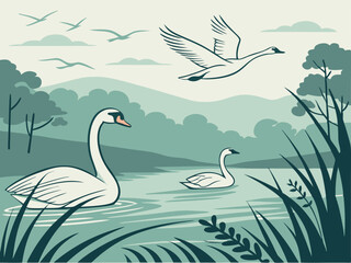 serene swan lake with flying birds in nature illustration. eps 10