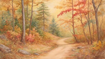 Obraz premium Autumn forest path bathed in golden light.