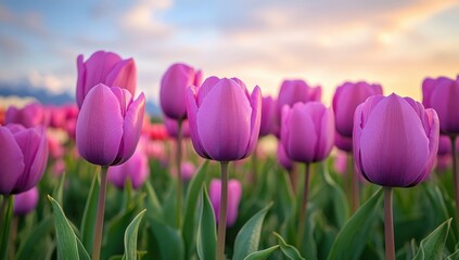 A Beautiful Field of Vibrant Purple Tulips Under a Sunset Sky Creating a Stunning Floral Landscape with Soft, Dreamy Clouds in the Background