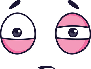 Vector illustration featuring two large cartoon eyes with pink cheeks, one displaying a normal expression and the other showing signs of tiredness and sadness