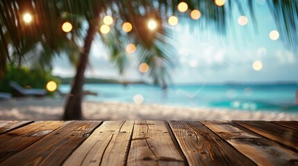 A deserted wooden table with a blurred beach party in the background, capturing the essence of laid-back seaside gatherings.