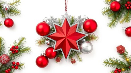 Arch shaped Christmas border with fresh fir branches, red and silver ornaments, and a star in the middle, decor, Christmas, traditional