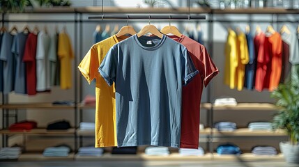 Three Plain T-shirts Hanging in a Clothing Store, Ready for Purchase