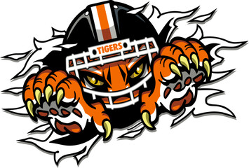tiger mascot wearing football helmet  and claws for school, college, and league sports