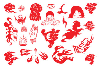 Set Japanese wave, snake, anime, cat, tiger, tribal, water oriental tattoo silhouette style vector illustration.