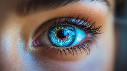 Obraz premium Close-up view of a mesmerizing blue eye with intricate patterns and vivid colors reflecting natural light